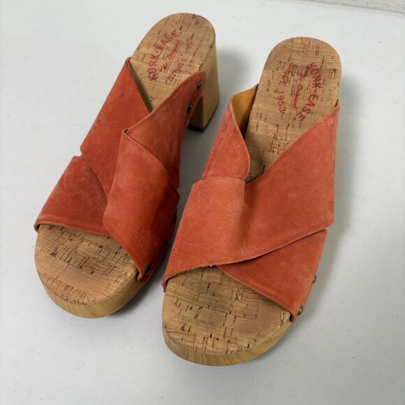 Kork Ease Tatum Leather Wooden Block Heel Slip On Sandal Size 8 Orange Clogs - Picture 2 of 10